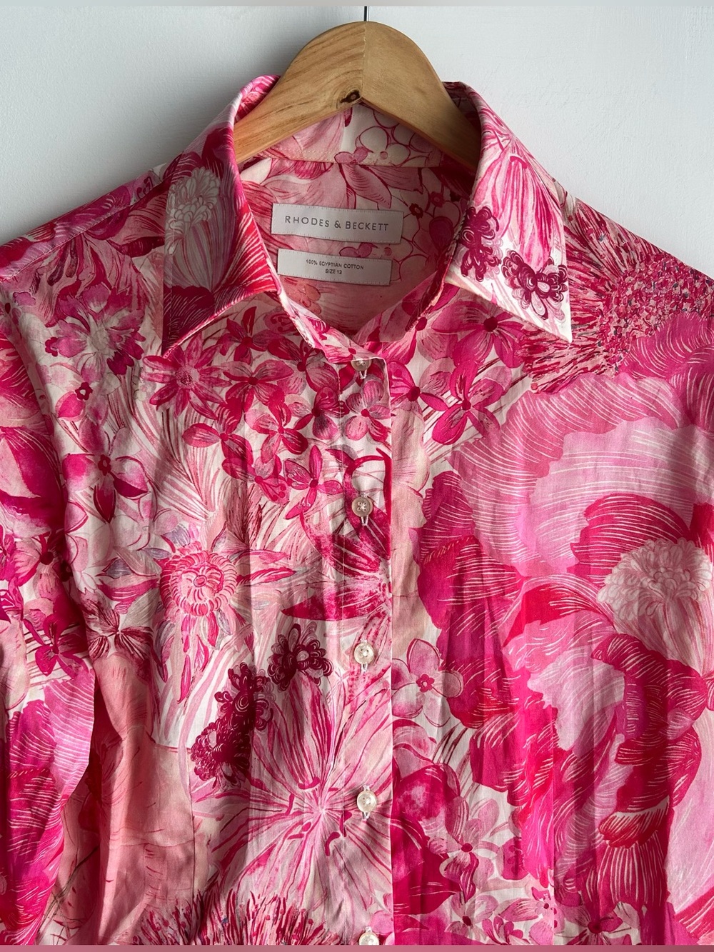 Egyptian Cotton, Bold Pink Floral Button-Down Shirt, Women, Size US 10